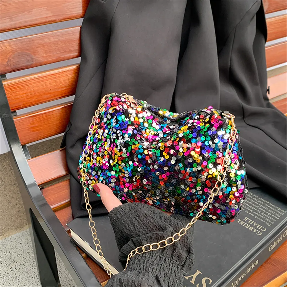 Fashion Small Square Evening Sequin Chain Cool Clutch Bag Shining Crossbody Bags Elegant Party Handbag Women Bling Shoulder Bags
