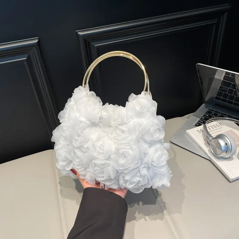 Women Lace Floral Evening Bag Solid Color Bride Clutch Purses Luxury Rose Flower Tote Handbag Ladies Party Prom Top Handle Bag