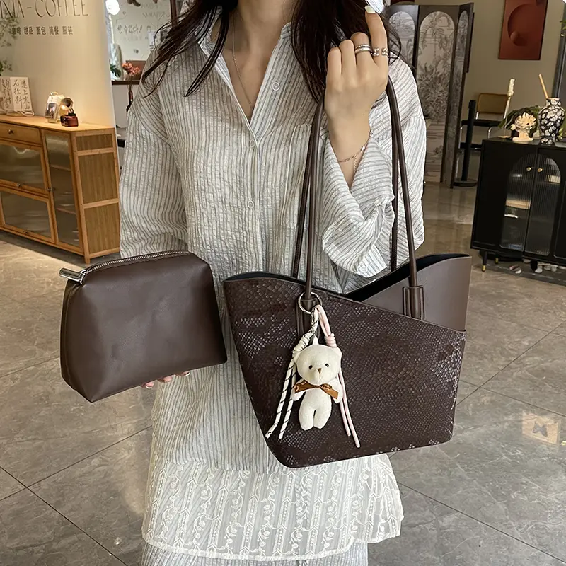 Women Leather Tote Bag with Bear Pendant Lightweight Travel Handbags Large Capacity Work Shopping Shoulder Bag with Purses