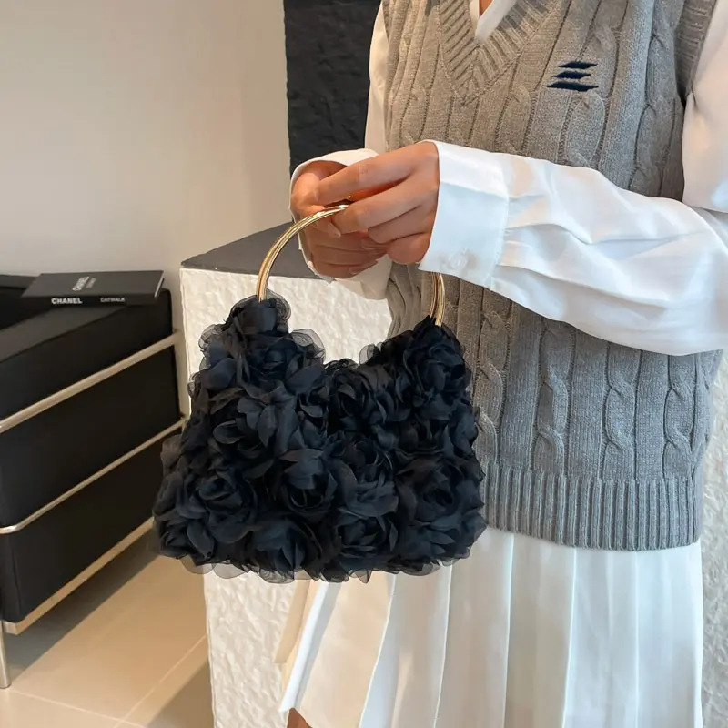Women Lace Floral Evening Bag Solid Color Bride Clutch Purses Luxury Rose Flower Tote Handbag Ladies Party Prom Top Handle Bag