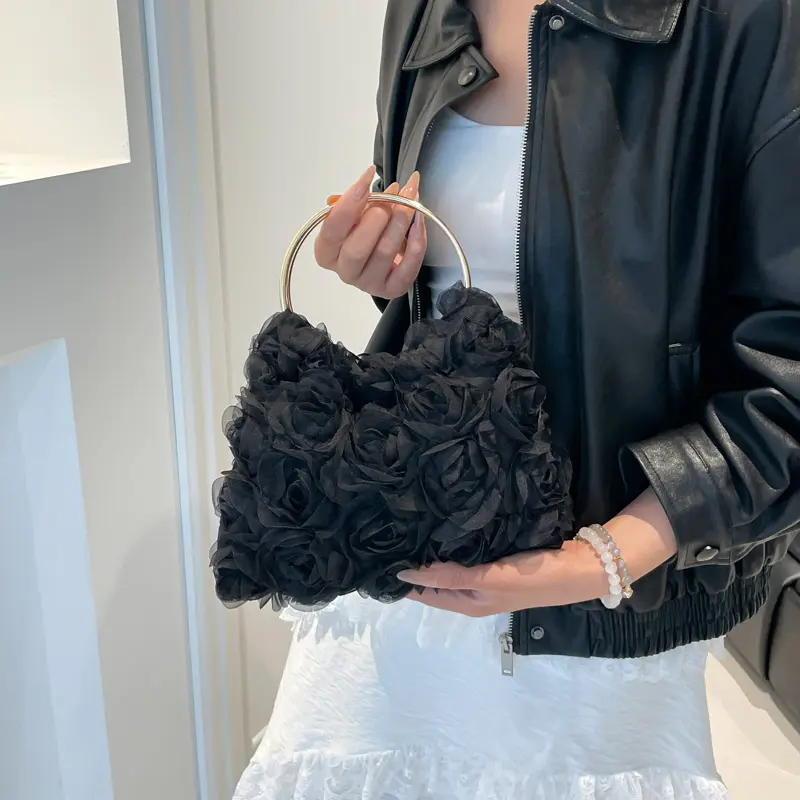 Women Lace Floral Evening Bag Solid Color Bride Clutch Purses Luxury Rose Flower Tote Handbag Ladies Party Prom Top Handle Bag