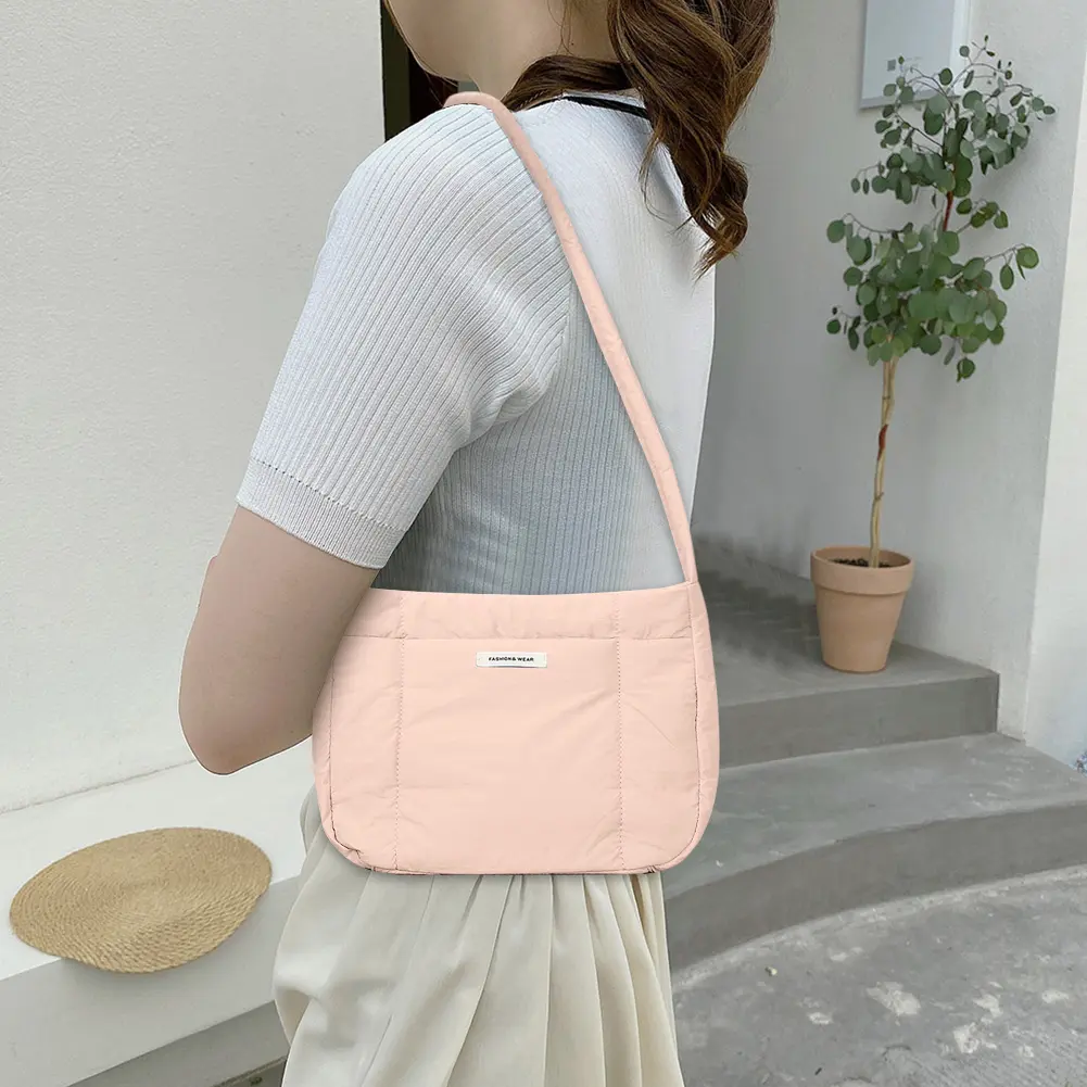 Women Puffer Shoulder Bag Soft Chic Satchel Bag Solid Color Hobo Bag Lightwight Nylon for Travel Work Shopper