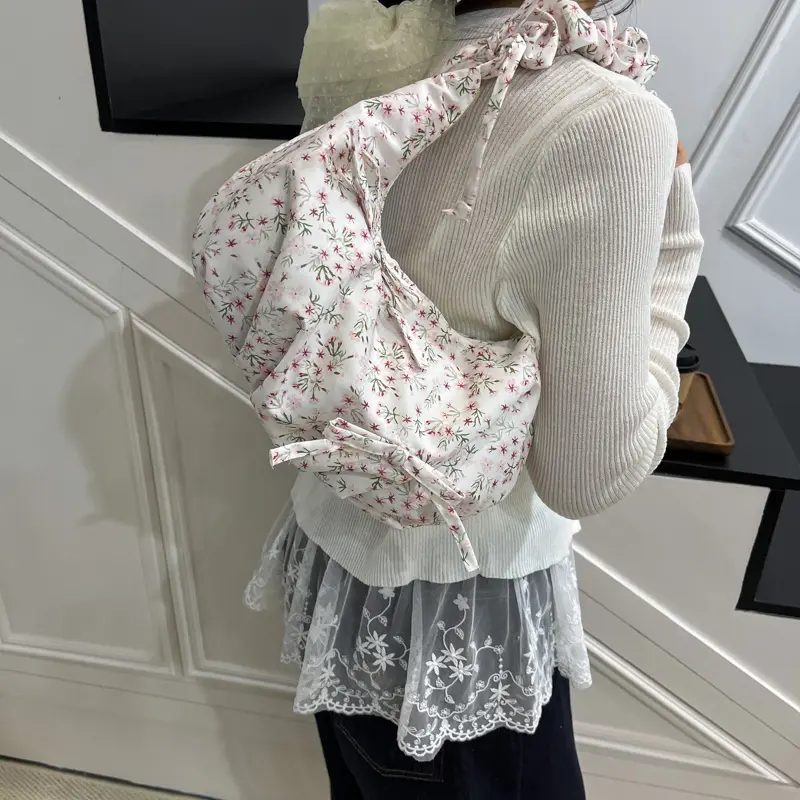 Floral Print Shoulder Bag Nylon Tote Handbag Bow Cute Purse Causal Underarm Pouch Pleated Cloud Crescent Bag for Women Girls