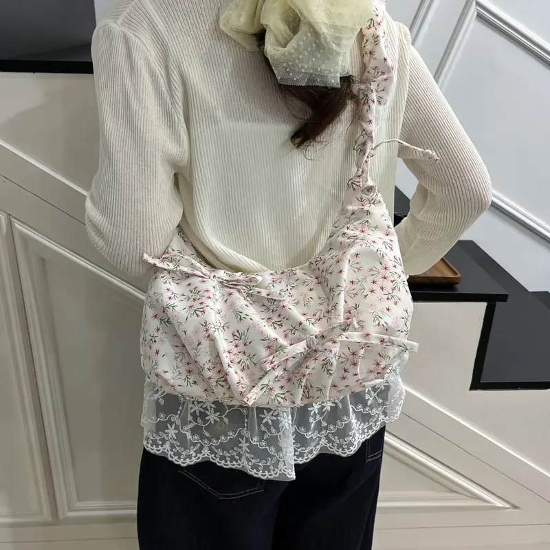 Floral Print Shoulder Bag Nylon Tote Handbag Bow Cute Purse Causal Underarm Pouch Pleated Cloud Crescent Bag for Women Girls