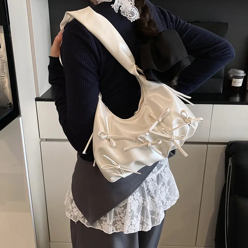 Women Bowknot Ruched Shoulder Bag Large Capacity PU Leather Sweet Underarm Pouch Solid Color Cloud Armpit Bag Tote Handbag