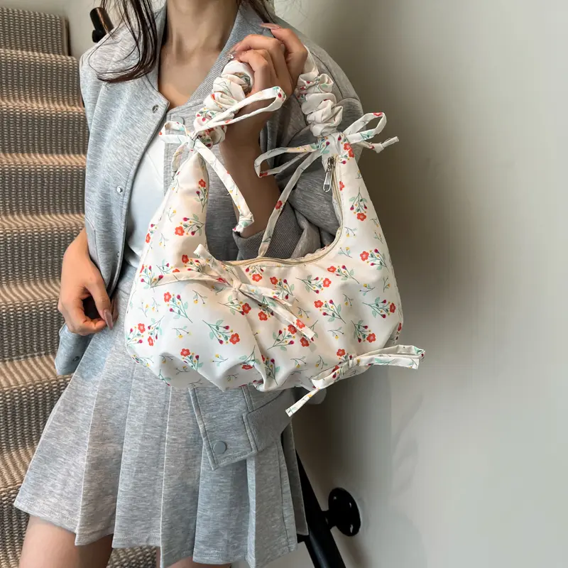 Floral Print Shoulder Bag Nylon Tote Handbag Bow Cute Purse Causal Underarm Pouch Pleated Cloud Crescent Bag for Women Girls