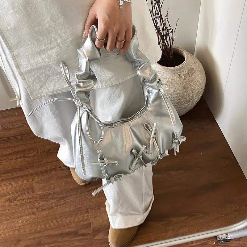 Women Bowknot Ruched Shoulder Bag Large Capacity PU Leather Sweet Underarm Pouch Solid Color Cloud Armpit Bag Tote Handbag