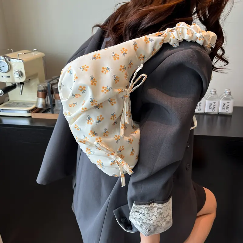 Floral Print Shoulder Bag Nylon Tote Handbag Bow Cute Purse Causal Underarm Pouch Pleated Cloud Crescent Bag for Women Girls