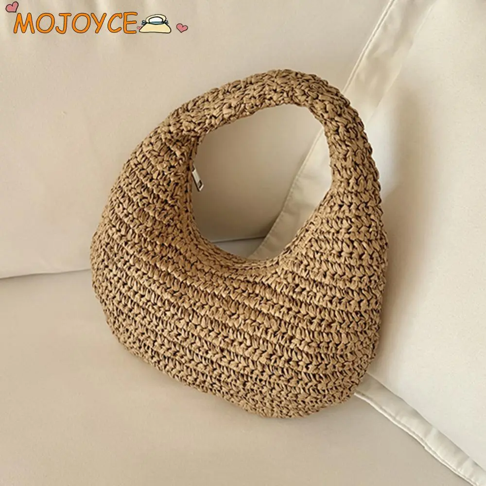 Straw Tote Handbag Beach Hand-Woven Clutch Purse Half Moon Underarm Bags Wrist Circle Shoulder Bag Cloud Summer Seaside Pack
