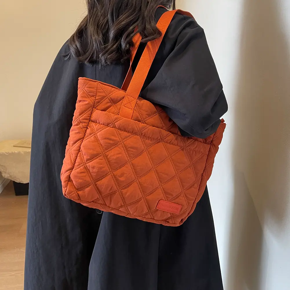 Women's Bag Quilted Padded Embroidered Thread Shoulder Bags Puffer Cotton Fashion Handbags High Quality Designer Large Tote Bags