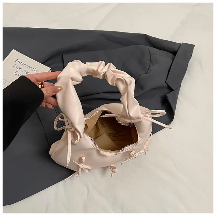 Women Bowknot Ruched Shoulder Bag Large Capacity PU Leather Sweet Underarm Pouch Solid Color Cloud Armpit Bag Tote Handbag