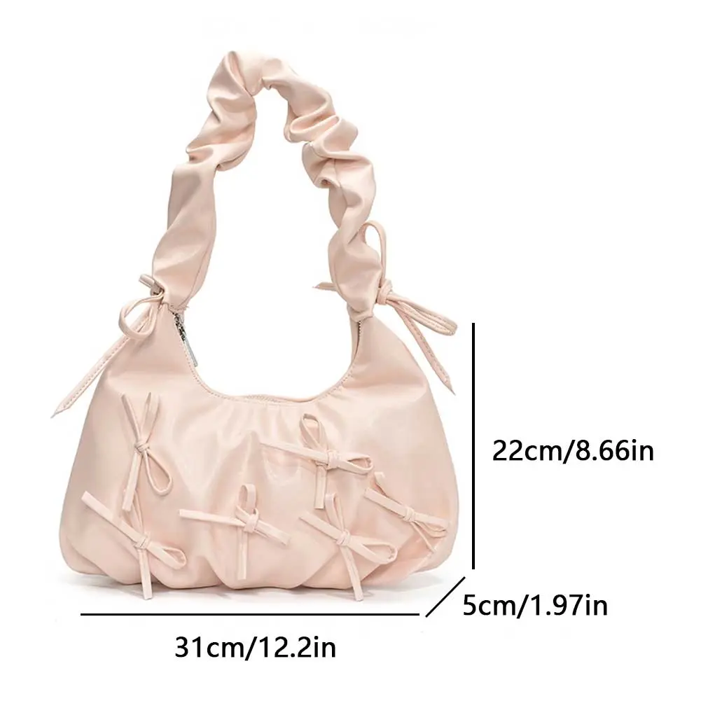 Women Bowknot Ruched Shoulder Bag Large Capacity PU Leather Sweet Underarm Pouch Solid Color Cloud Armpit Bag Tote Handbag