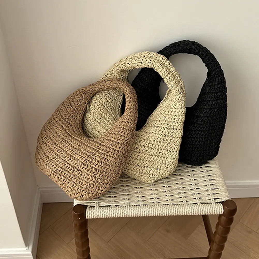Straw Tote Handbag Beach Hand-Woven Clutch Purse Half Moon Underarm Bags Wrist Circle Shoulder Bag Cloud Summer Seaside Pack