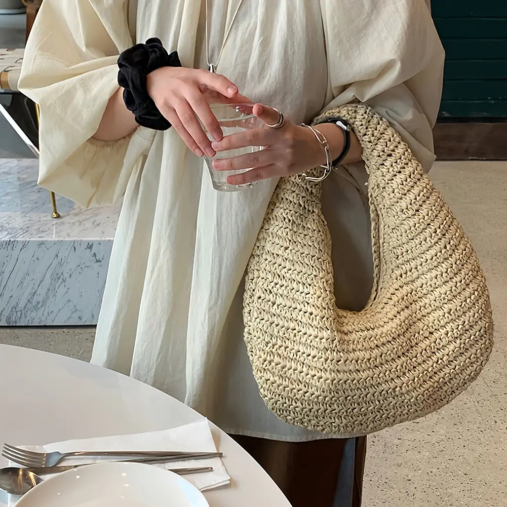 Straw Tote Handbag Beach Hand-Woven Clutch Purse Half Moon Underarm Bags Wrist Circle Shoulder Bag Cloud Summer Seaside Pack