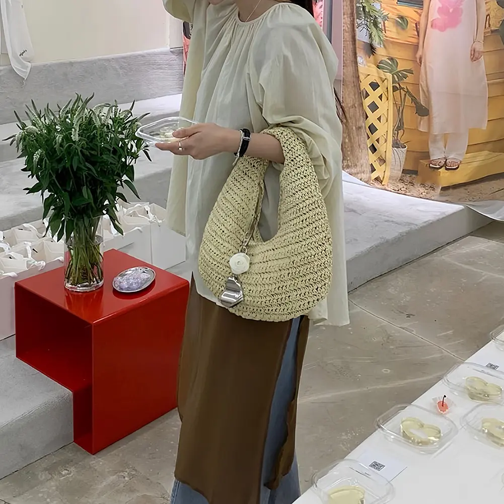 Straw Tote Handbag Beach Hand-Woven Clutch Purse Half Moon Underarm Bags Wrist Circle Shoulder Bag Cloud Summer Seaside Pack