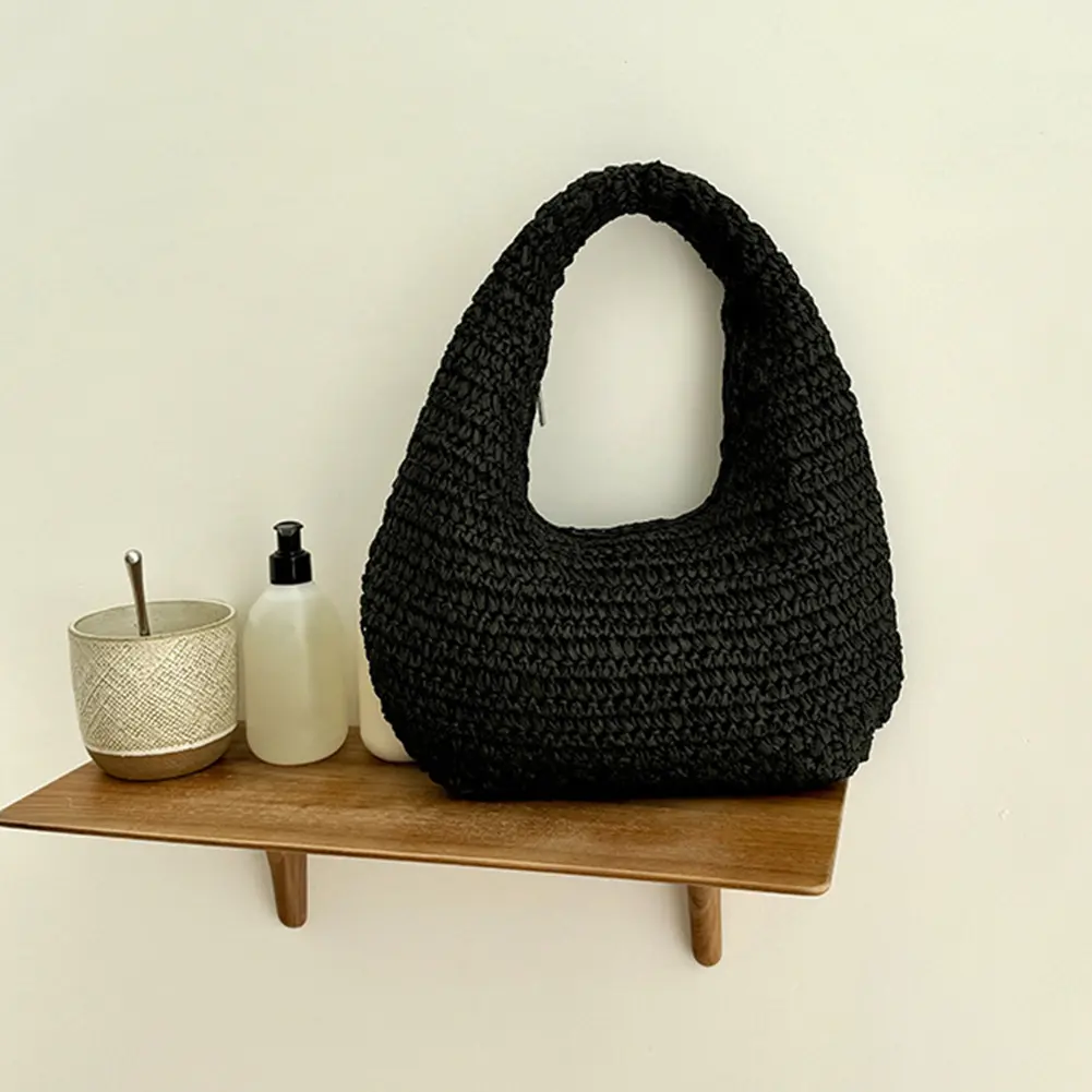 Straw Tote Handbag Beach Hand-Woven Clutch Purse Half Moon Underarm Bags Wrist Circle Shoulder Bag Cloud Summer Seaside Pack