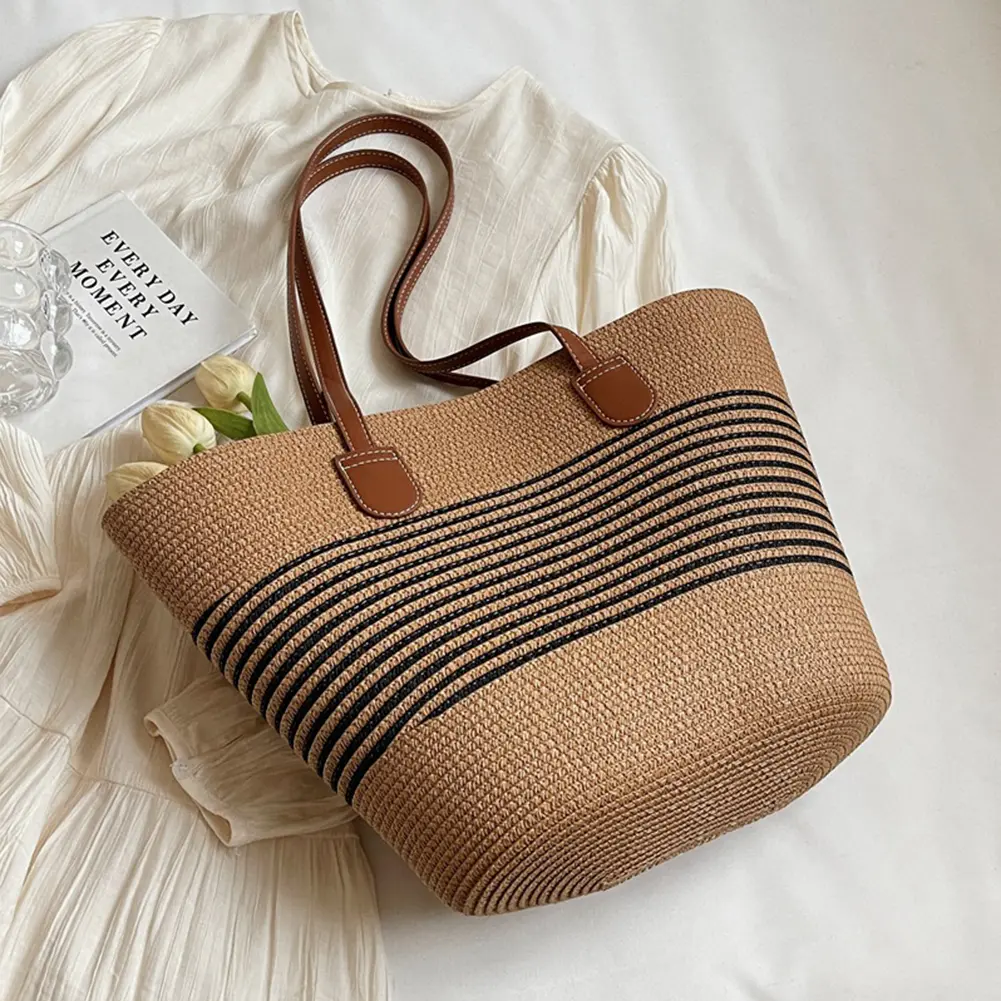 Large Capacity Straw Woven Bag Summer Stripe Weaving Tote Bag with Zipper Women Versatile Commuting Bag Boho Hand-Woven Handbags