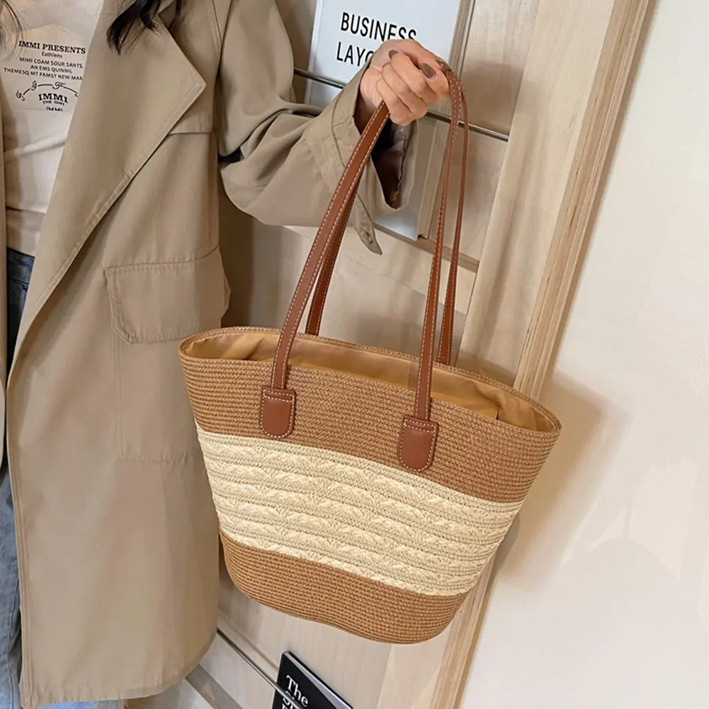 Large Capacity Straw Woven Bag Summer Stripe Weaving Tote Bag with Zipper Women Versatile Commuting Bag Boho Hand-Woven Handbags