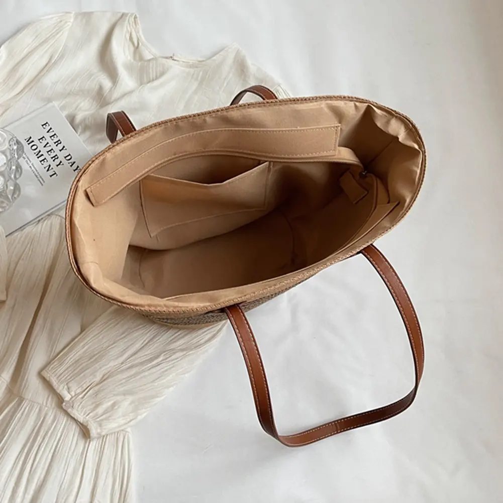 Large Capacity Straw Woven Bag Summer Stripe Weaving Tote Bag with Zipper Women Versatile Commuting Bag Boho Hand-Woven Handbags