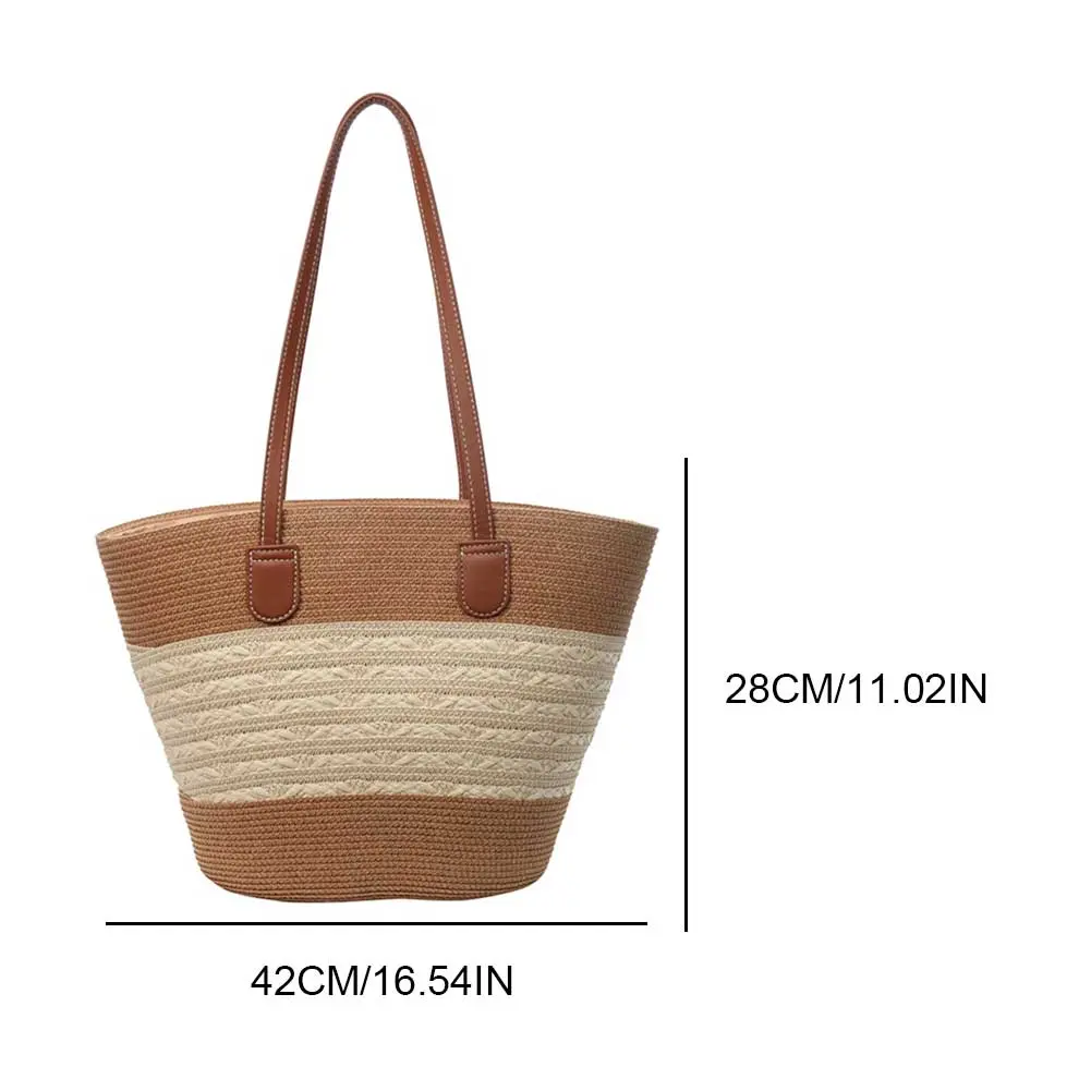 Large Capacity Straw Woven Bag Summer Stripe Weaving Tote Bag with Zipper Women Versatile Commuting Bag Boho Hand-Woven Handbags