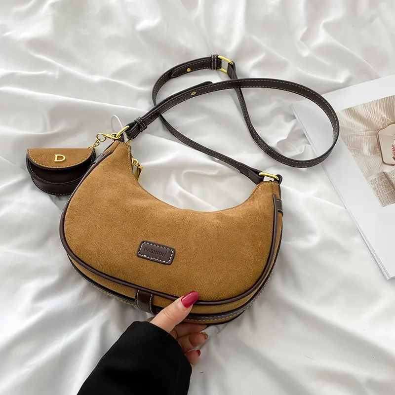 2025 Suede Leather Hobo Shoulder Bag Retro Tote Handbag with Small Wallet Crescent Underarm Pouch Luxury Saddle Crossbody Bags