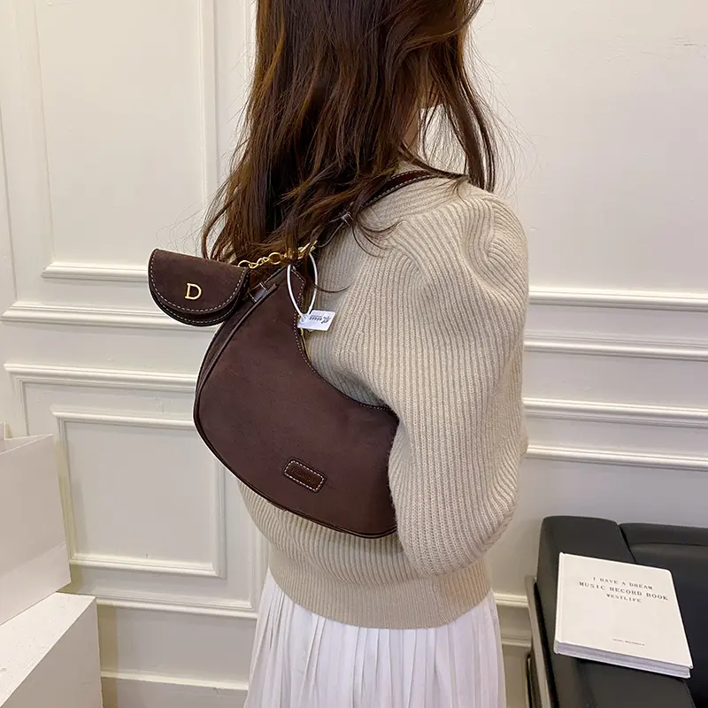 2025 Suede Leather Hobo Shoulder Bag Retro Tote Handbag with Small Wallet Crescent Underarm Pouch Luxury Saddle Crossbody Bags