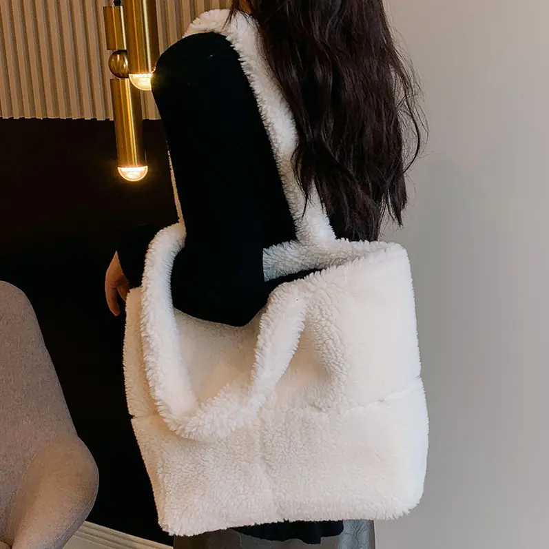 Women Lambswool Shoulder Bag Solid Color Large Armpit Bag Ladies Fluffy Square Underarm Bag Plush High Capacity Shopper Tote Bag