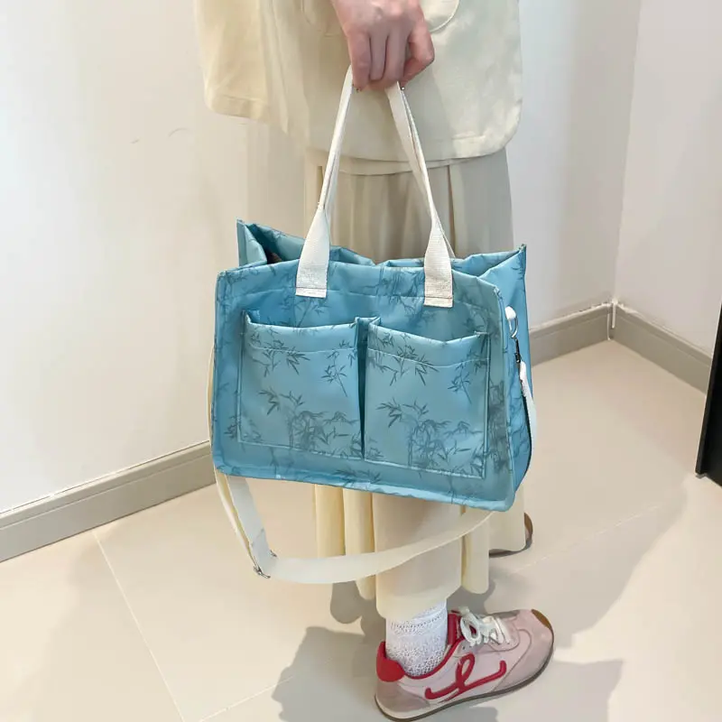 Women Chinese Style Crossbody Bags Bamboo Printed Tote Handbags Multi-Pocket Sling Bag Magnetic Elegant Leisure Shoulder Bag