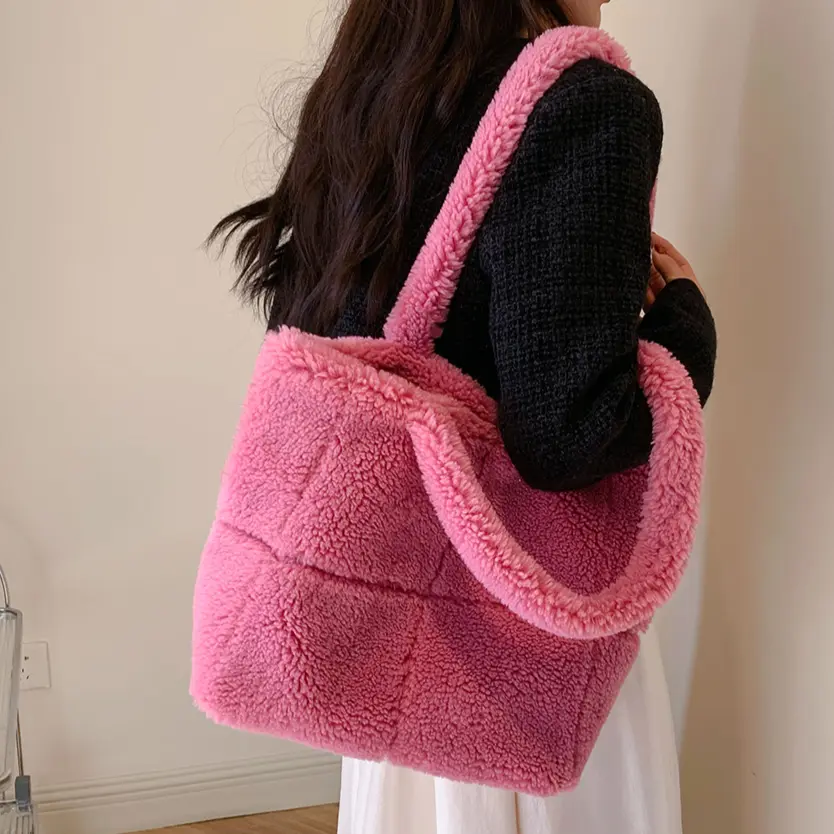 Women Lambswool Shoulder Bag Solid Color Large Armpit Bag Ladies Fluffy Square Underarm Bag Plush High Capacity Shopper Tote Bag