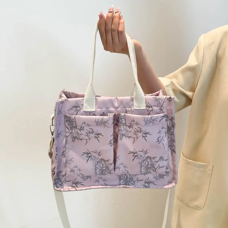 Women Chinese Style Crossbody Bags Bamboo Printed Tote Handbags Multi-Pocket Sling Bag Magnetic Elegant Leisure Shoulder Bag