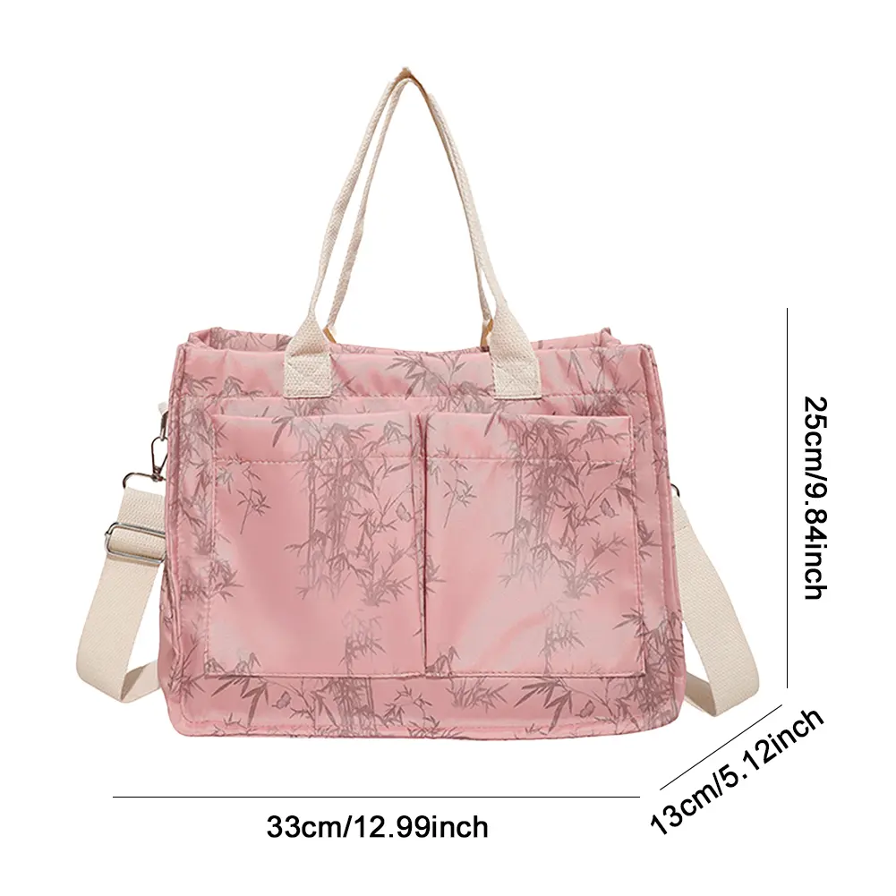 Women Chinese Style Crossbody Bags Bamboo Printed Tote Handbags Multi-Pocket Sling Bag Magnetic Elegant Leisure Shoulder Bag