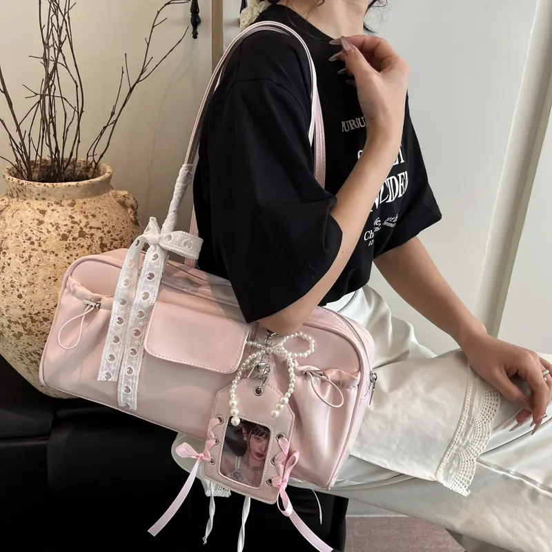 Lace Bow Shoulder Bag Y2k Cute Tote Handbag with Card Holder PU Leather Casual Top-Handle Bags Korean Style Chic Underarm Pouch