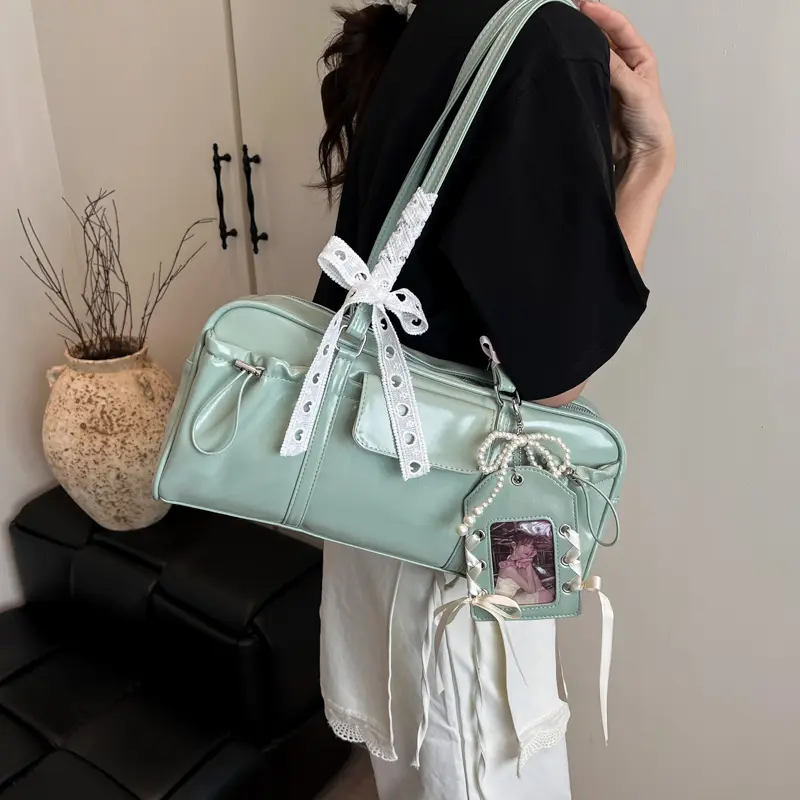 Lace Bow Shoulder Bag Y2k Cute Tote Handbag with Card Holder PU Leather Casual Top-Handle Bags Korean Style Chic Underarm Pouch