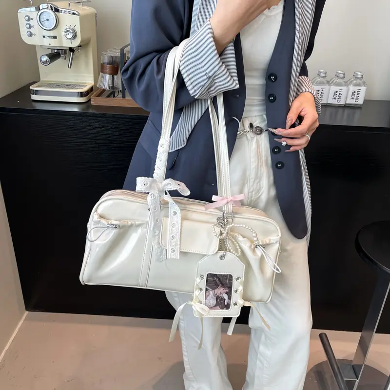 Lace Bow Shoulder Bag Y2k Cute Tote Handbag with Card Holder PU Leather Casual Top-Handle Bags Korean Style Chic Underarm Pouch