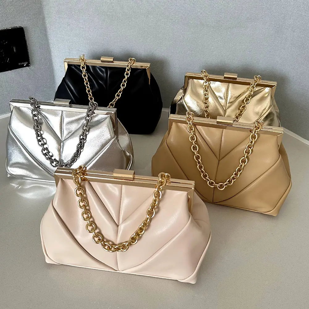High-end Banquet Dumpling Bags PU Fashion Chian Handbag Solid Classy Evening Clutch Purse Wedding Prom Party Clip Dinner Satchel