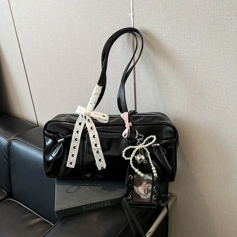 Lace Bow Shoulder Bag Y2k Cute Tote Handbag with Card Holder PU Leather Casual Top-Handle Bags Korean Style Chic Underarm Pouch