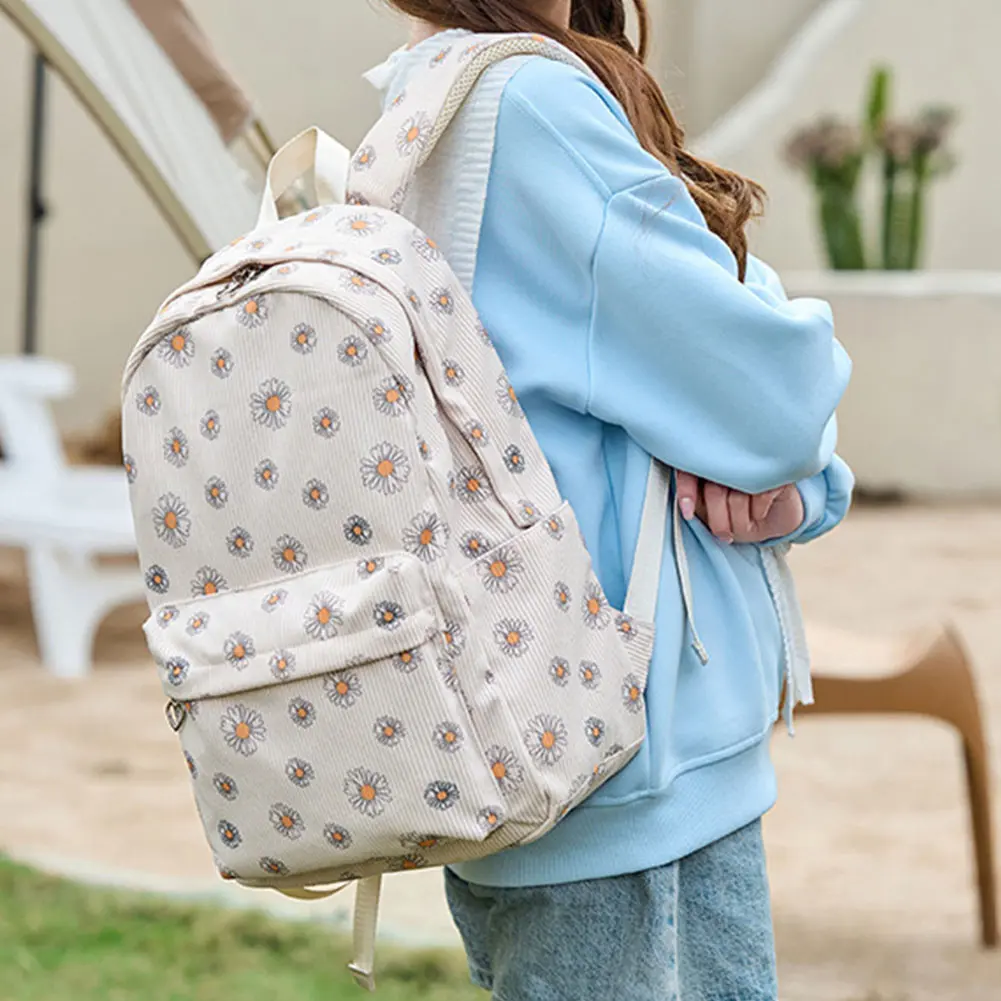 Girls Corduroy School Bookbag Large Capacity Lightweight Travel Backpack Korean Small Daisy Pattern Rucksack Women Daypack