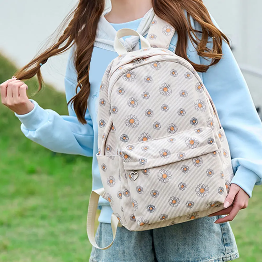 Girls Corduroy School Bookbag Large Capacity Lightweight Travel Backpack Korean Small Daisy Pattern Rucksack Women Daypack