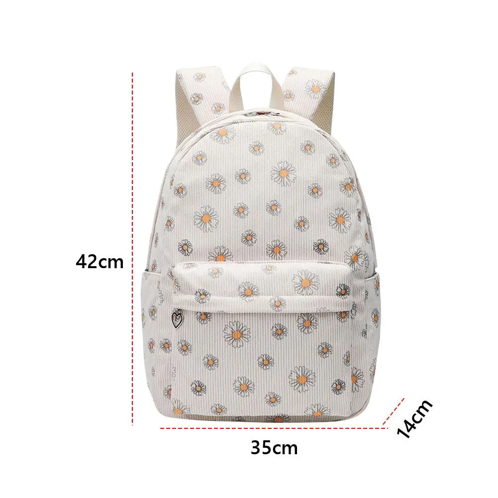 Girls Corduroy School Bookbag Large Capacity Lightweight Travel Backpack Korean Small Daisy Pattern Rucksack Women Daypack