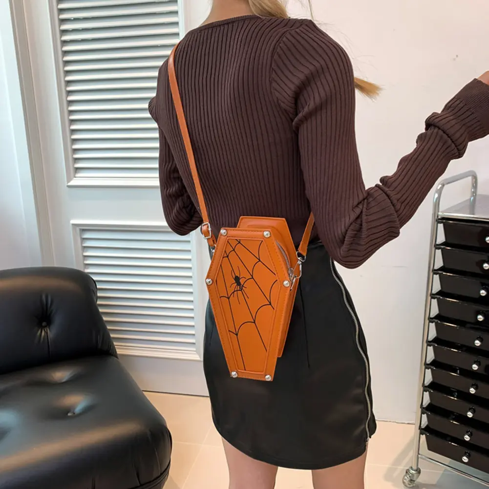 Halloween Retro Ghost Cobweb Purses PU Leather Coffin Shaped Cosplay Cosmetic Bag Vintage Novelty Gothic Shoulder Crossbody Bags