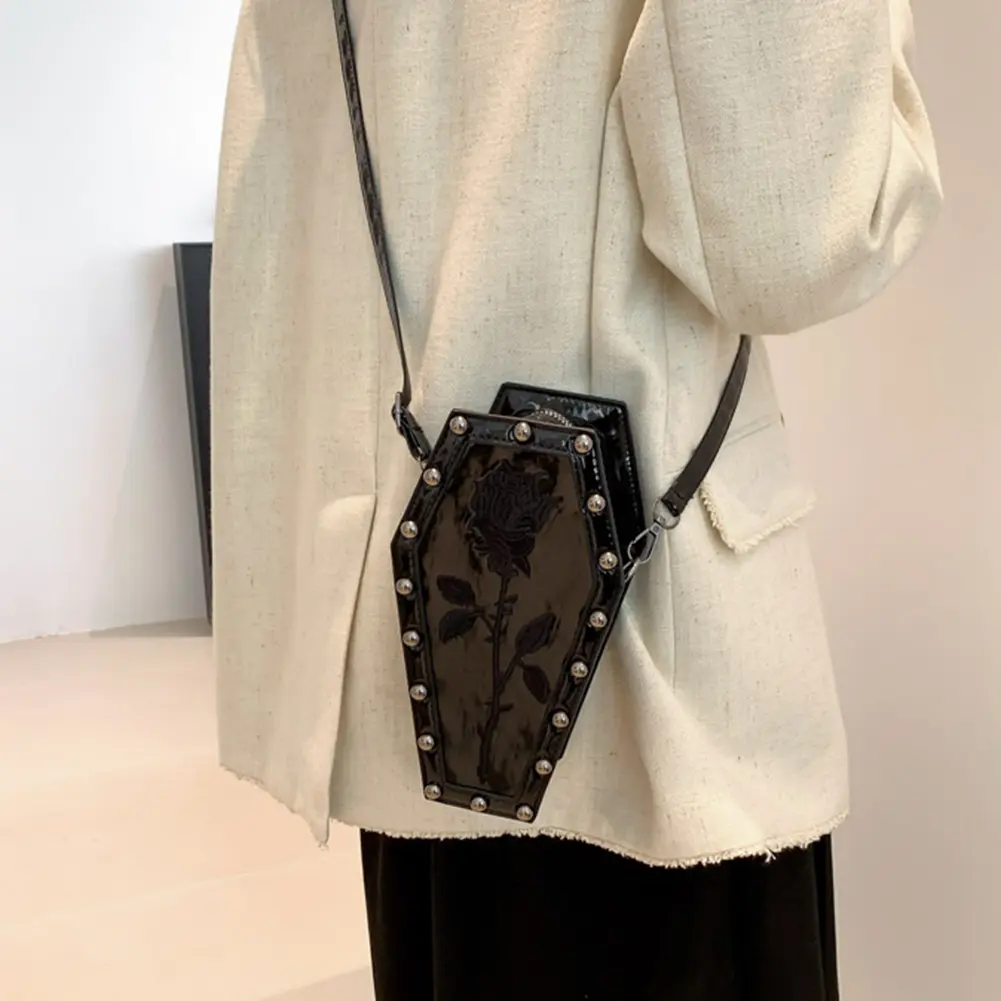Halloween Retro Ghost Cobweb Purses PU Leather Coffin Shaped Cosplay Cosmetic Bag Vintage Novelty Gothic Shoulder Crossbody Bags