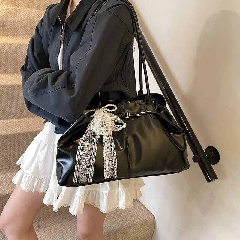 Women Vintage Shoulder Bag with Bow Lace Pendant Retro Hobo Handbag PU Leather Trendy Tote Bag Travel Shopping Underarm Pouch