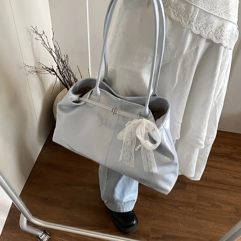 Women Vintage Shoulder Bag with Bow Lace Pendant Retro Hobo Handbag PU Leather Trendy Tote Bag Travel Shopping Underarm Pouch