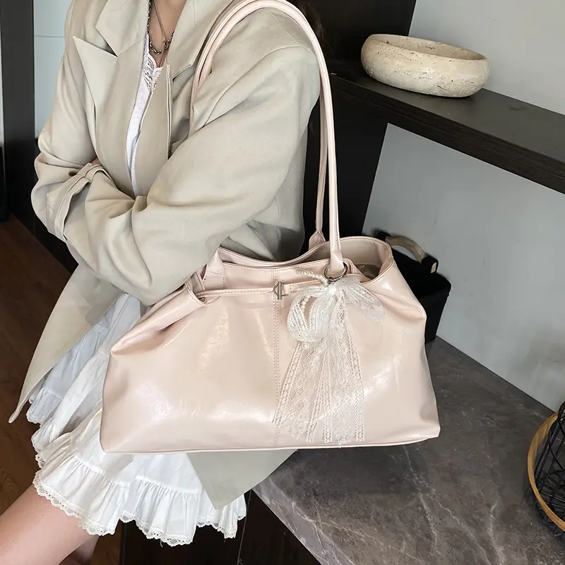 Women Vintage Shoulder Bag with Bow Lace Pendant Retro Hobo Handbag PU Leather Trendy Tote Bag Travel Shopping Underarm Pouch