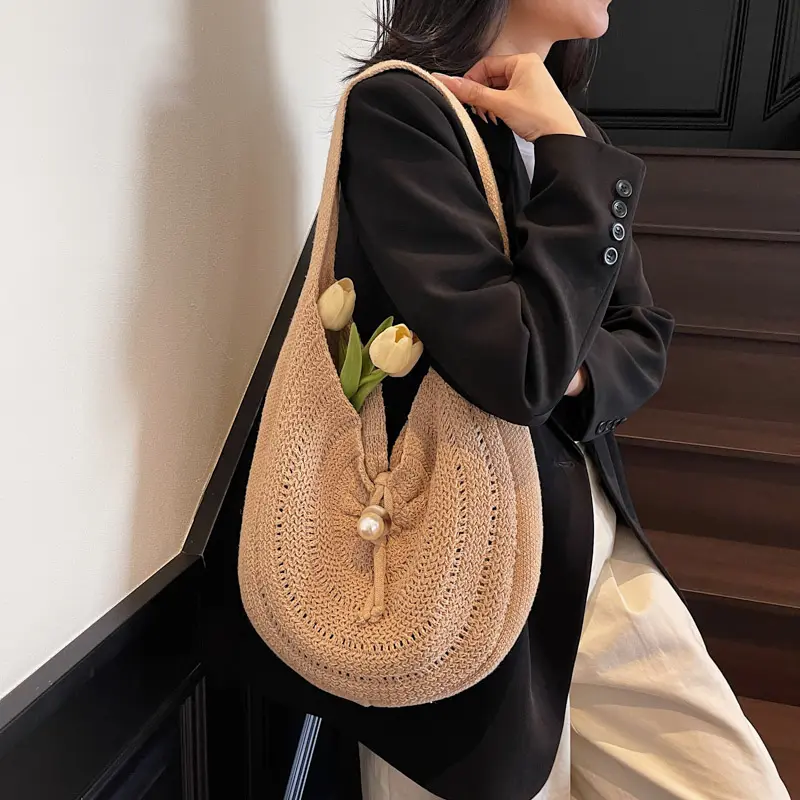 Crochet Tote Handbag Hobo Beach Women's Shoulder Bag Knitted Causal Fashion Underarm Pouch Solid Color for Girls Summer Vacation