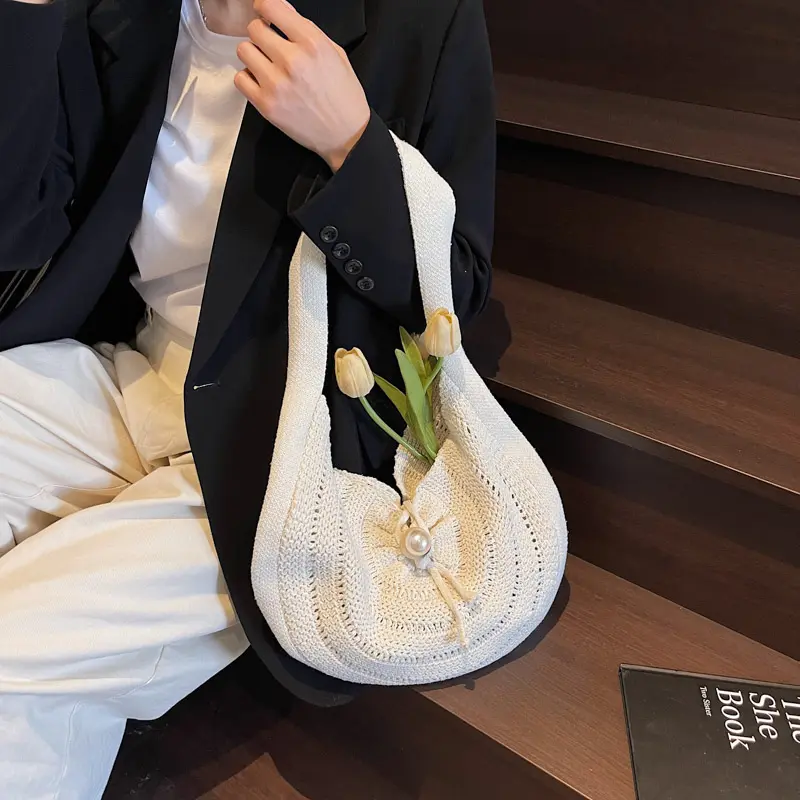 Crochet Tote Handbag Hobo Beach Women's Shoulder Bag Knitted Causal Fashion Underarm Pouch Solid Color for Girls Summer Vacation