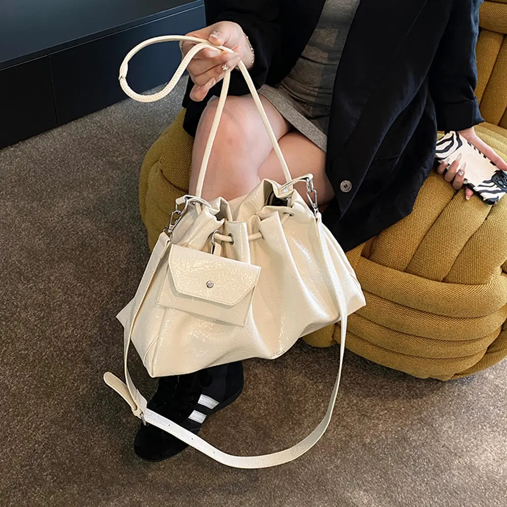 Cloud Drawstring Hobo Tote Bag Pu Leather Top-handle Shoulder Crossbody Bags with 2 Straps Lady Underarm Pouch Bucket Armpit Bag