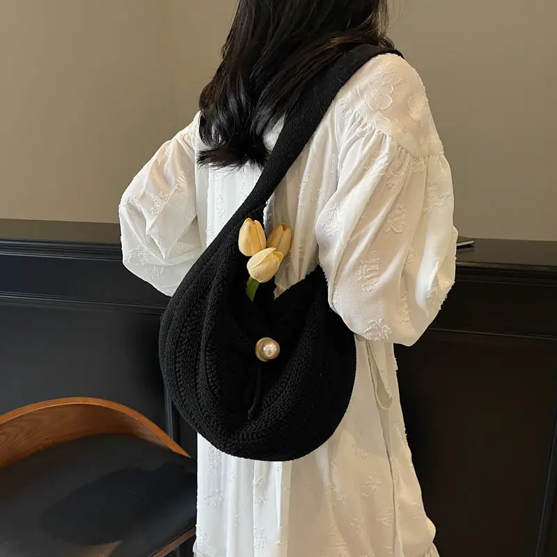 Crochet Tote Handbag Hobo Beach Women's Shoulder Bag Knitted Causal Fashion Underarm Pouch Solid Color for Girls Summer Vacation