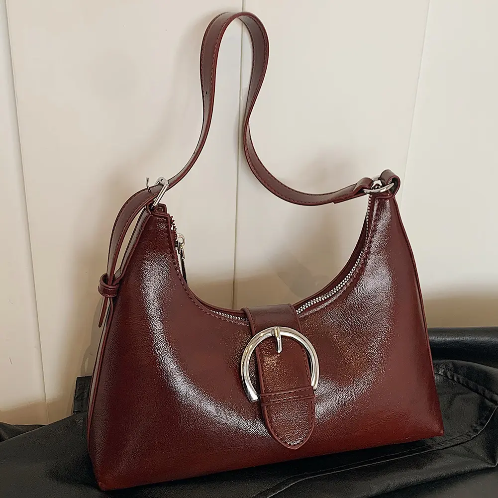 Punk Style Women's Vintage Shoulder Bag PU Leather Handbag with Inner Pocket Buckle Design Crossbody Bag Solid Versatile Satchel