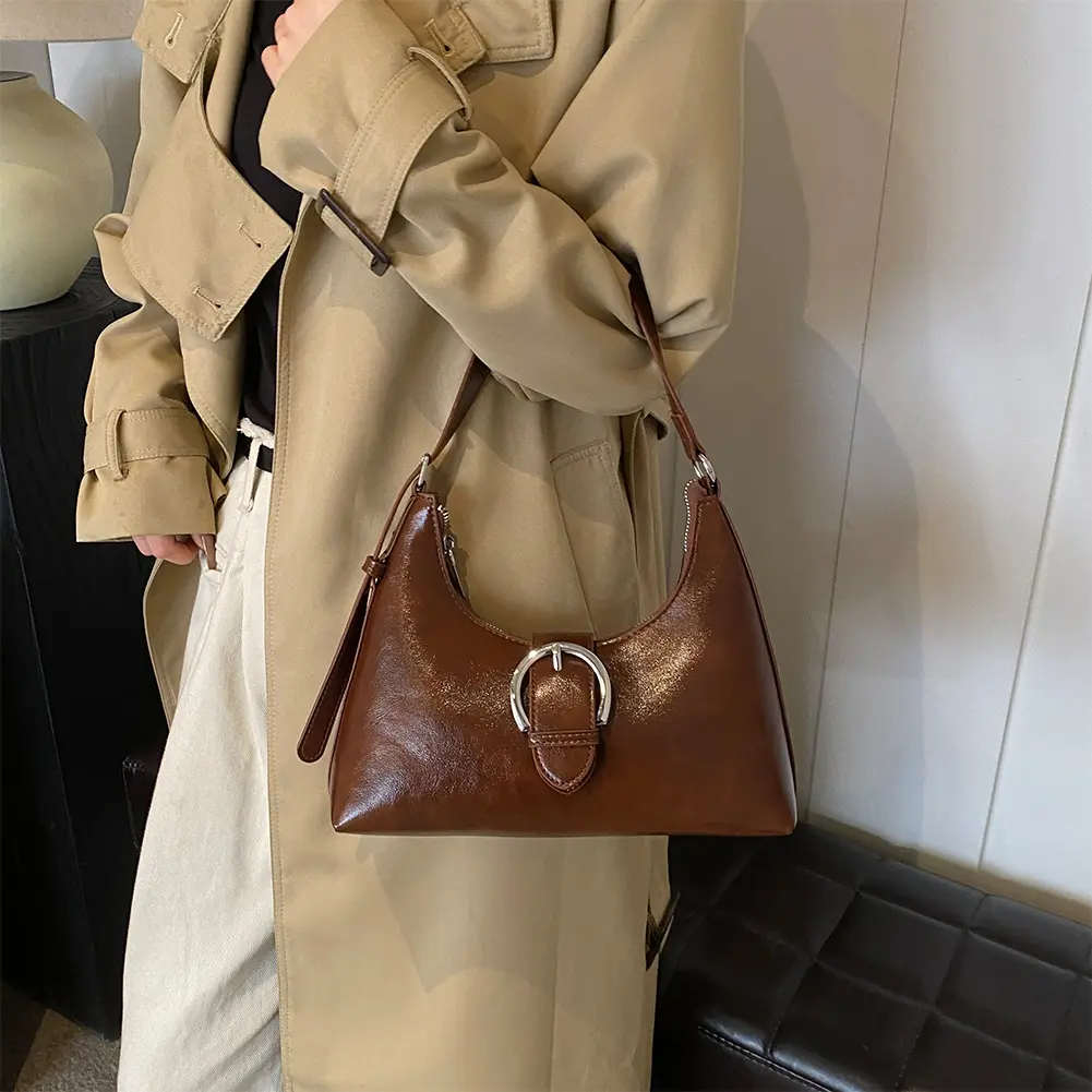 Punk Style Women's Vintage Shoulder Bag PU Leather Handbag with Inner Pocket Buckle Design Crossbody Bag Solid Versatile Satchel